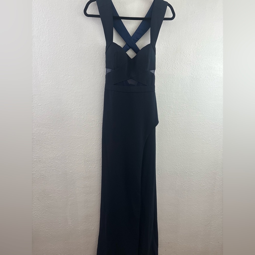 Bariano sleeveless waist mesh cut out side split  blue maxi dress size 4